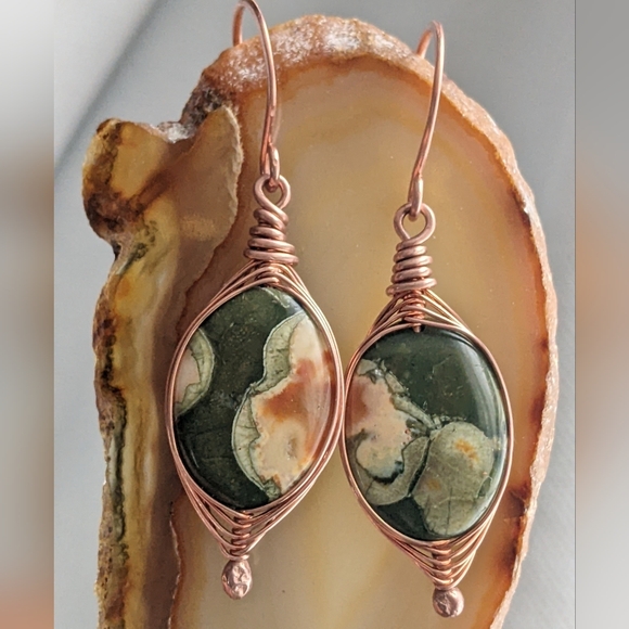 Exotic Rainforest Jasper Earrings Artisan Crafted Copper Jewelry - Picture 12 of 14